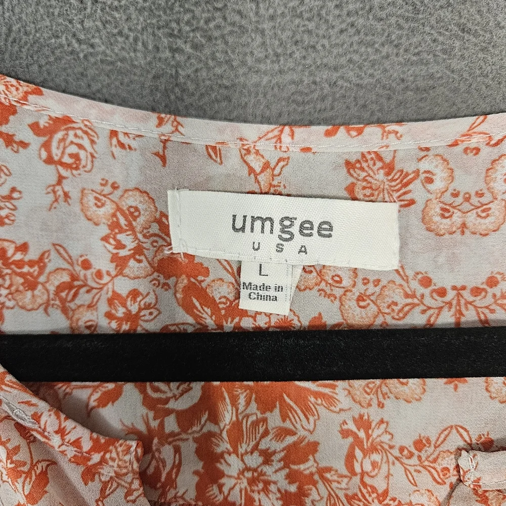 Umgee USA Large Popover Sheer Shirt Orange Floral Ruffle Sleeve Boho Cottagecore - Picture 3 of 11